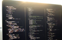 Js code on laptop screen, web development. Web development, writing js code stock images