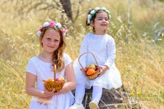 Judisk ferie Shavuot HarvestTwo små flickor i den vita klänningen rymmer en korg med ny frukt i ett vetefält arkivfoton Judisk ferie Shavuot HarvestTwo små flickor i den vita klänningen rymmer en korg med ny frukt i ett vetefält arkivfoton