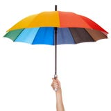 Jugeant le parapluie multicolore d'isolement photographie stock libre de droits Jugeant le parapluie multicolore d'isolement photographie stock libre de droits