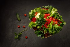 Juicy, Fresh And Colorful Edible Bouquet Of Vegetables On A Black Background Stock Image