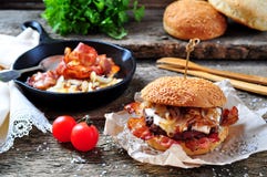 Juicy Homemade Double Burger Beef With Fried Onions On A Wooden Background Stock Photography Juicy Homemade Double Burger Beef With Fried Onions On A Wooden Background Stock Photography
