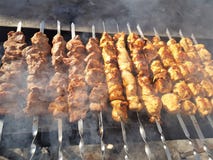 Juicy που μαρινάρεται στο κρέας καρυκευμάτων kebab στα οβελίδια, που μαγειρεύεται και που τηγανίζεται σε μια σχάρα σχαρών πυρκαγι στοκ εικόνα Juicy που μαρινάρεται στο κρέας καρυκευμάτων kebab στα οβελίδια, που μαγειρεύεται και που τηγανίζεται σε μια σχάρα σχαρών πυρκαγι στοκ εικόνα