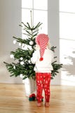 Julferiebegrepp Den tillbaka sikten av småbarnet bär den santa s hatten, dekorerar granträdet hemma, har festligt lynne royaltyfri foto Julferiebegrepp Den tillbaka sikten av småbarnet bär den santa s hatten, dekorerar granträdet hemma, har festligt lynne royaltyfri foto