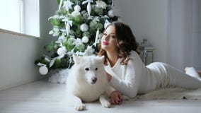Julmorgonen, kvinna poserar med den vita hunden i hemtrevlig atmosfär på träd för nytt år för photoshoot nära dekorerat arkivfilmer Julmorgonen, kvinna poserar med den vita hunden i hemtrevlig atmosfär på träd för nytt år för photoshoot nära dekorerat arkivfilmer