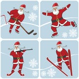 Jultomten som spelar vintersportar Åka skridskor och att skida, hockey, stock illustrationer Jultomten som spelar vintersportar Åka skridskor och att skida, hockey, stock illustrationer