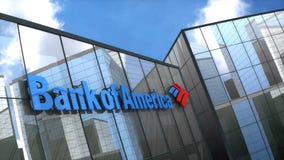 Editorial Bank of America logo on glass building.