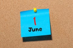 June 1st. Day 1 of month, color sticker calendar on notice board. Summer time. Close up Royalty Free Stock Photo June 1st. Day 1 of month, color sticker calendar on notice board. Summer time. Close up Royalty Free Stock Photo