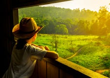 Junge Asiatinabnutzung, die der Hut und aufpassende schöne Ansicht der grünen Rasenfläche und des Waldes am Aussichtsturm der wil stockbilder Junge Asiatinabnutzung, die der Hut und aufpassende schöne Ansicht der grünen Rasenfläche und des Waldes am Aussichtsturm der wil stockbilder