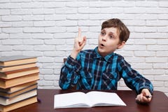 Junge mit der angehobenen Hand hat eine Idee Schüler, der hoch herein seins zeigt stockbilder Junge mit der angehobenen Hand hat eine Idee Schüler, der hoch herein seins zeigt stockbilder