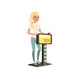 Junge schöne Blondine, die an der Quizshow, antwortende Fragen des Spielers stehen auf Stand mit Knopfvektor teilnehmen Stockbilder Junge schöne Blondine, die an der Quizshow, antwortende Fragen des Spielers stehen auf Stand mit Knopfvektor teilnehmen Stockbilder