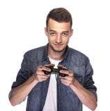 Junger Mann, der auf Konsole oder Computer spielt stockfotos Junger Mann, der auf Konsole oder Computer spielt stockfotos