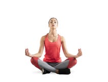 Junges Mädchen, das in Yogaposition sich entspannt Getrennt auf weißem Hintergrund lizenzfreie stockbilder Junges Mädchen, das in Yogaposition sich entspannt Getrennt auf weißem Hintergrund lizenzfreie stockbilder