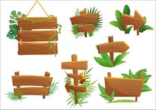 Jungle rainforest wood sign with tropical leaves with space for text. Cartoon game vector illustration.