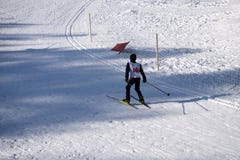 Junior skidar sluttande konkurrens rymms årligen på det snöig skidar lutningar av berg-och dalbanan, stads somvintern skidar seme arkivbild Junior skidar sluttande konkurrens rymms årligen på det snöig skidar lutningar av berg-och dalbanan, stads somvintern skidar seme arkivbild