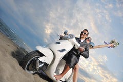 Just Married Couple Ride White Schooter Royalty Free Stock Image Just Married Couple Ride White Schooter Royalty Free Stock Image