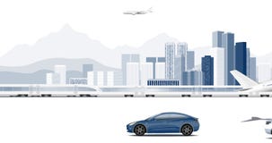 4K blue and white plane, car and train on modern city background