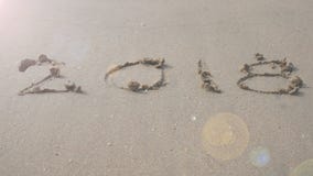 4K gelukkig nieuw jaar 2018 het jaar 2017 schrijft op zandig strand, de verandering van de golfplons in jaar 2018 met geluid van stock video 4K gelukkig nieuw jaar 2018 het jaar 2017 schrijft op zandig strand, de verandering van de golfplons in jaar 2018 met geluid van stock video