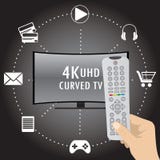 4K TV with icons of different applications and remote control in. Hand , flat stock vector illustration royalty free illustration 4K TV with icons of different applications and remote control in. Hand , flat stock vector illustration royalty free illustration