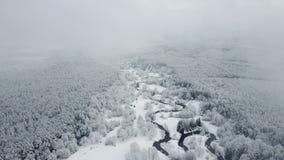 4K Vlucht boven wilde windende rivier in bevroren bos bij mistig weer De Snowlywinter op het noorden Lucht panorama stock footage 4K Vlucht boven wilde windende rivier in bevroren bos bij mistig weer De Snowlywinter op het noorden Lucht panorama stock footage
