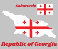 Kaartoverzicht en vlag van Georgië, Witte rechthoek, met een groot rood kruis In de vier hoeken zijn er vier cros bolnur-Katskhur stock illustratie Kaartoverzicht en vlag van Georgië, Witte rechthoek, met een groot rood kruis In de vier hoeken zijn er vier cros bolnur-Katskhur stock illustratie