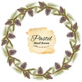 Kader met kegels en nette takken, pastelkleur het schilderen royalty-vrije illustratie Kader met kegels en nette takken, pastelkleur het schilderen royalty-vrije illustratie