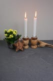 Kalanchoe calandiva blossfeldiana indoor plant with candles and lapwing and stone eggs in a basket with a wooden star and driftwoo royalty free stock image Kalanchoe calandiva blossfeldiana indoor plant with candles and lapwing and stone eggs in a basket with a wooden star and driftwoo royalty free stock image
