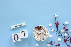 Kalender Januari 7 Kop cacao, heemst en takbessen stock fotografie Kalender Januari 7 Kop cacao, heemst en takbessen stock fotografie