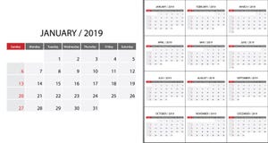Kalender 2019 vecka start på söndag royaltyfri illustrationer Kalender 2019 vecka start på söndag royaltyfri illustrationer