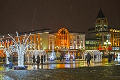 KALININGRAD, RUSSIA. Festive scenery at Victory Square in the winter evening stock photos KALININGRAD, RUSSIA. Festive scenery at Victory Square in the winter evening stock photos