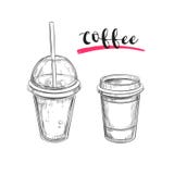Kalter und heißer Kaffee getränke Vektorhand gezeichnete Abbildung Laptop- und Blinkenleuchte Lizenzfreie Stockfotografie Kalter und heißer Kaffee getränke Vektorhand gezeichnete Abbildung Laptop- und Blinkenleuchte Lizenzfreie Stockfotografie