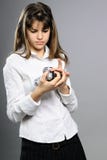 kamery dziewczyny fotografii studiowania biel zdjęcia stock kamery dziewczyny fotografii studiowania biel zdjęcia stock