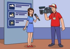 Kamerzysty i podawcy mknąca prognoza pogody w TV studiu obcy kreskówki kota ucieczek ilustraci dachu wektor royalty ilustracja Kamerzysty i podawcy mknąca prognoza pogody w TV studiu obcy kreskówki kota ucieczek ilustraci dachu wektor royalty ilustracja