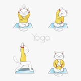 Karakter - de vastgestelde witte kat in een gele uniformjas die yoga in divers doen stelt vector illustratie Karakter - de vastgestelde witte kat in een gele uniformjas die yoga in divers doen stelt vector illustratie