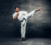 Karate Fighter Dressed In A White Kimono In Action. Stock Image