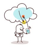 Karikatur-Mann mit Tablet-und Wolken-Verbindung lizenzfreie abbildung Karikatur-Mann mit Tablet-und Wolken-Verbindung lizenzfreie abbildung