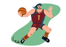 Karikaturbasketball-spieler, der versucht, den Ball zu führen lizenzfreie abbildung Karikaturbasketball-spieler, der versucht, den Ball zu führen lizenzfreie abbildung