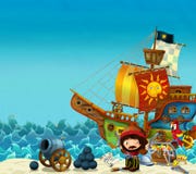Karikaturszene des Strandes nahe dem Meer oder dem Ozean - Piratenkapitän auf dem Ufer mit Kanone und Schatztruhe - Piratenschiff vektor abbildung Karikaturszene des Strandes nahe dem Meer oder dem Ozean - Piratenkapitän auf dem Ufer mit Kanone und Schatztruhe - Piratenschiff vektor abbildung