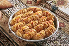 Kataifi, Kadaif Or Kanafeh With Apple And Caramel On Vintage Traditional Tablecloth Royalty Free Stock Photo Kataifi, Kadaif Or Kanafeh With Apple And Caramel On Vintage Traditional Tablecloth Royalty Free Stock Photo