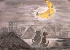 Katzen auf dem Dach Zeichnen durch Aquarell Kinderillustration lizenzfreie abbildung Katzen auf dem Dach Zeichnen durch Aquarell Kinderillustration lizenzfreie abbildung