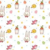 Kawaii wiosny bezszwowy wzór z królikiem, jajecznym polowaniem, ptakiem i marchewką, ilustracja wektor Kawaii wiosny bezszwowy wzór z królikiem, jajecznym polowaniem, ptakiem i marchewką, ilustracja wektor