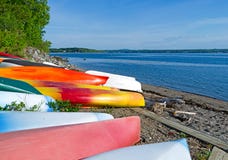 Kayaks and canoes on beach at Northport Maine stock image Kayaks and canoes on beach at Northport Maine stock image
