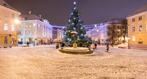 Kerstboom in oude stad van Tartu, Estland stock fotografie Kerstboom in oude stad van Tartu, Estland stock fotografie