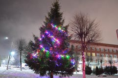 Kerstmis groene boom met kleurrijke lichten, slingers royalty-vrije stock afbeeldingen Kerstmis groene boom met kleurrijke lichten, slingers royalty-vrije stock afbeeldingen