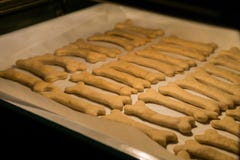 Kerstmiskoekjes voor honden in het baksel van de beenvorm in de oven royalty-vrije stock foto's Kerstmiskoekjes voor honden in het baksel van de beenvorm in de oven royalty-vrije stock foto's