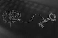 key and brain made of electronic circuits connected to each other with a plug stock photo key and brain made of electronic circuits connected to each other with a plug stock photo