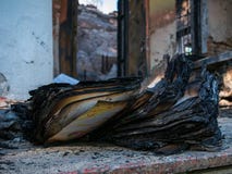 Kharkiv Kharkov region, Skovorodinovka, Skovorodinivka, Ukraine - 05.07.2022: burnt book in destroyed museum building