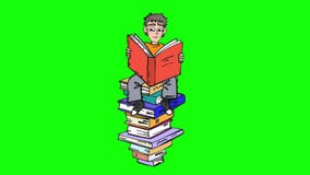 Kid with Book Sitting on a Giant Stack of Books Comic Cartoon Looped  Animation Isolated on Green Screen Stock Footage - Video of girl, hobby:  197557822