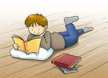 Kid reading a book cartoon illustration