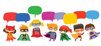 Kid Superheroes wearing comics costumes and speech bubbles royalty free illustration Kid Superheroes wearing comics costumes and speech bubbles royalty free illustration