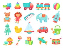 Kids cartoon toys. Baby doll, train on railway, ball, cars, boat, boys and girls fun isolated plastic toy vector